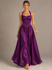 Light Yellow Halter Neck Satin A-Line Maxi Dress with Pockets