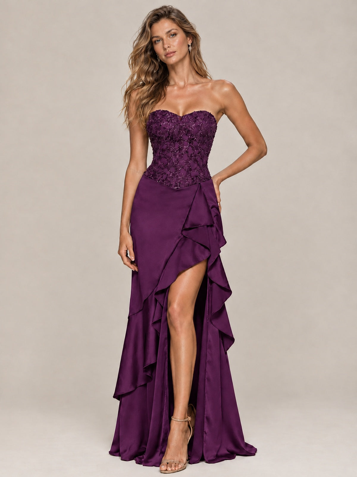 Strapless Lace Appliques Corset Satin Prom Dress Ruffle Slit Evening Gown
