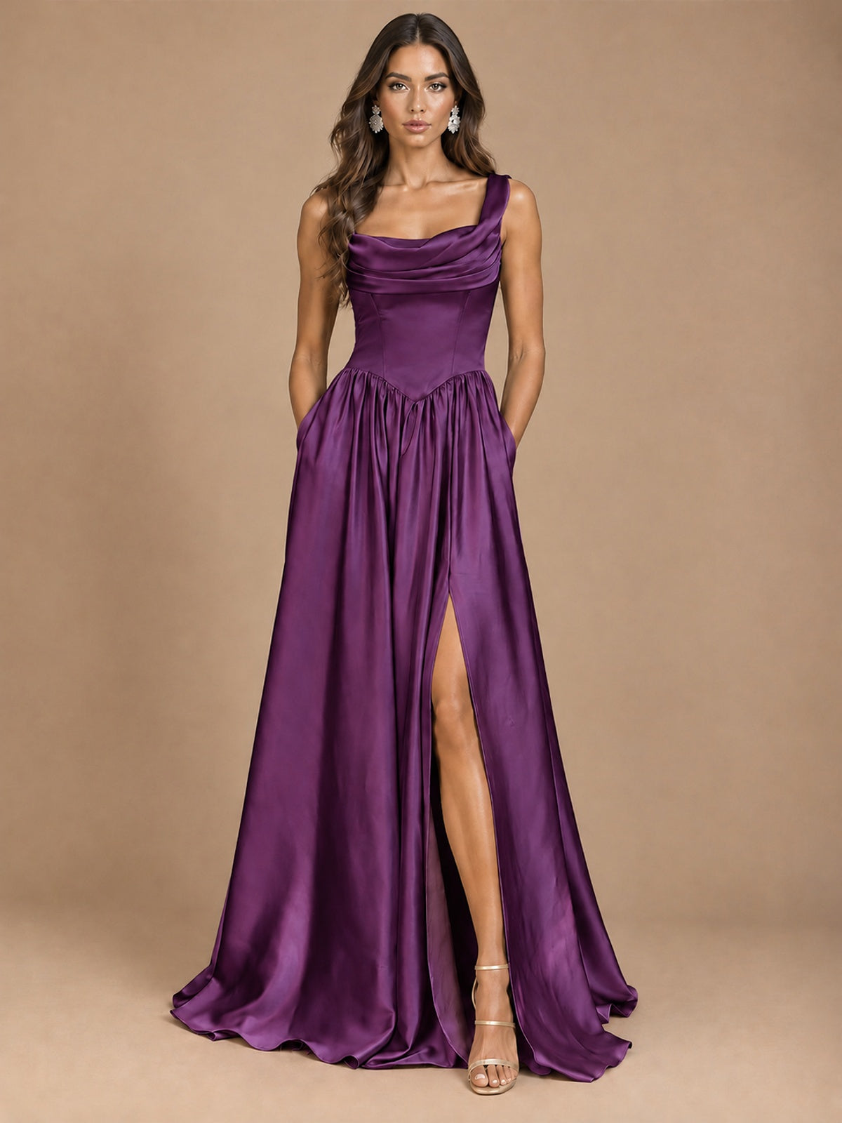 Cowl Neck Pleated Satin Prom Dress with Pockets & Slit Maxi Formal Gowns
