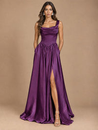 Cowl Neck Pleated Satin Prom Dress with Pockets & Slit Maxi Formal Gowns