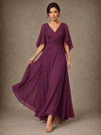 V-Neck Chiffon Lace Mother of the Bride Dress with Flutter Sleeves