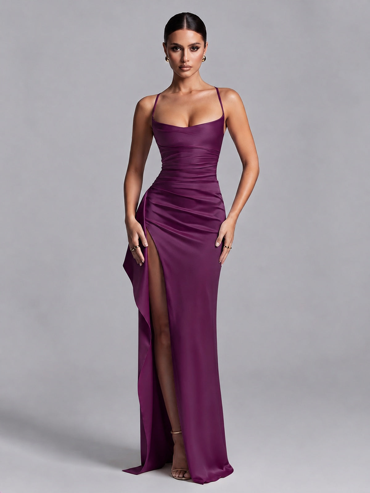 Plum Squre Neck Pleated Satin Prom Dresses for Teens Women Long Evening Formal Gown with Slit Ruffles
