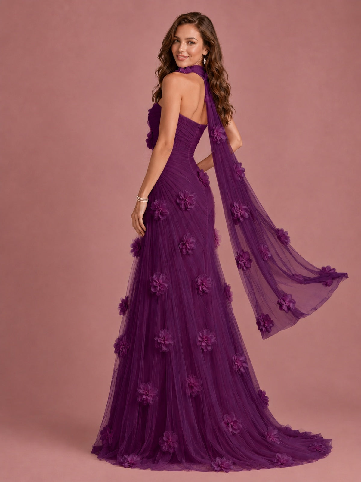 Blush Pink Strapless Sweetheart 3D Floral Tulle Mermaid Prom Dress