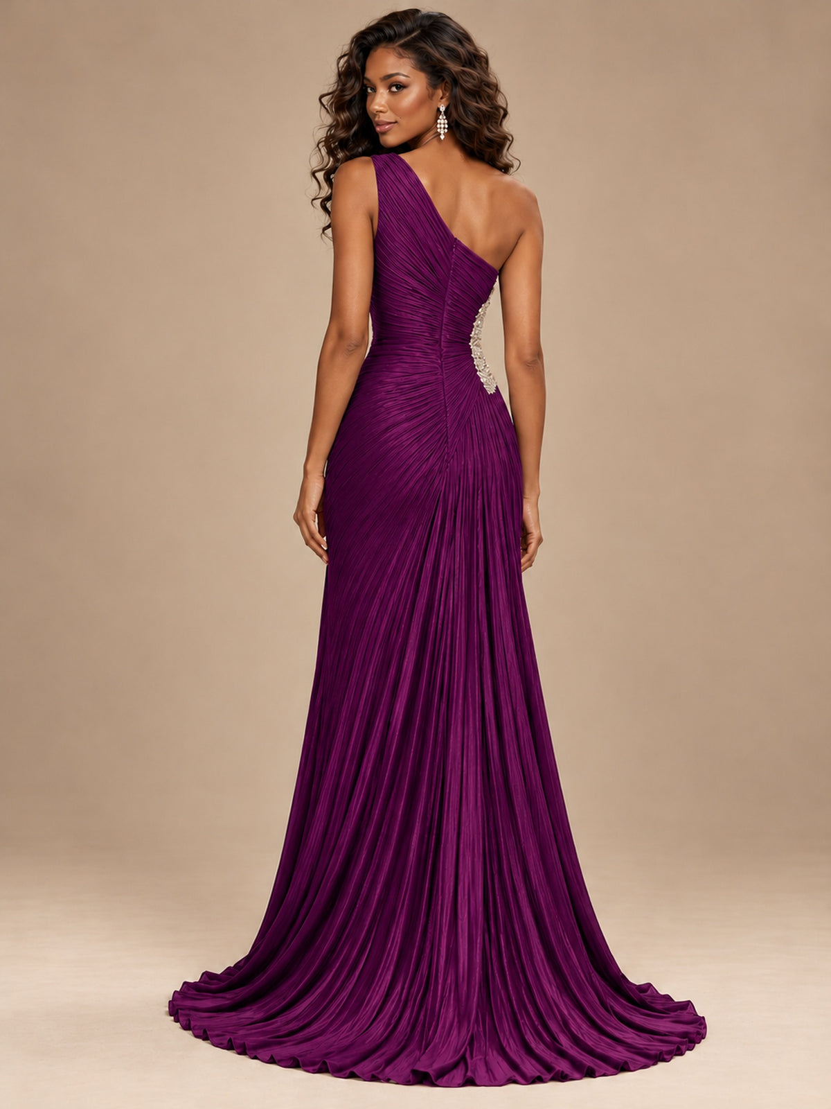 Burgundy One Shoulder Ruched Prom Dress with High Slit & Beaded Waist