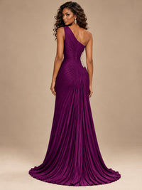 Burgundy One Shoulder Ruched Prom Dress with High Slit & Beaded Waist