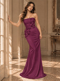 White Strapless Mermaid Maxi Dress with 3D Floral Appliques