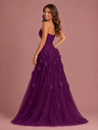 Blush Pink Strapless Sweetheart 3D Floral Tulle Ball Gown Prom Dres