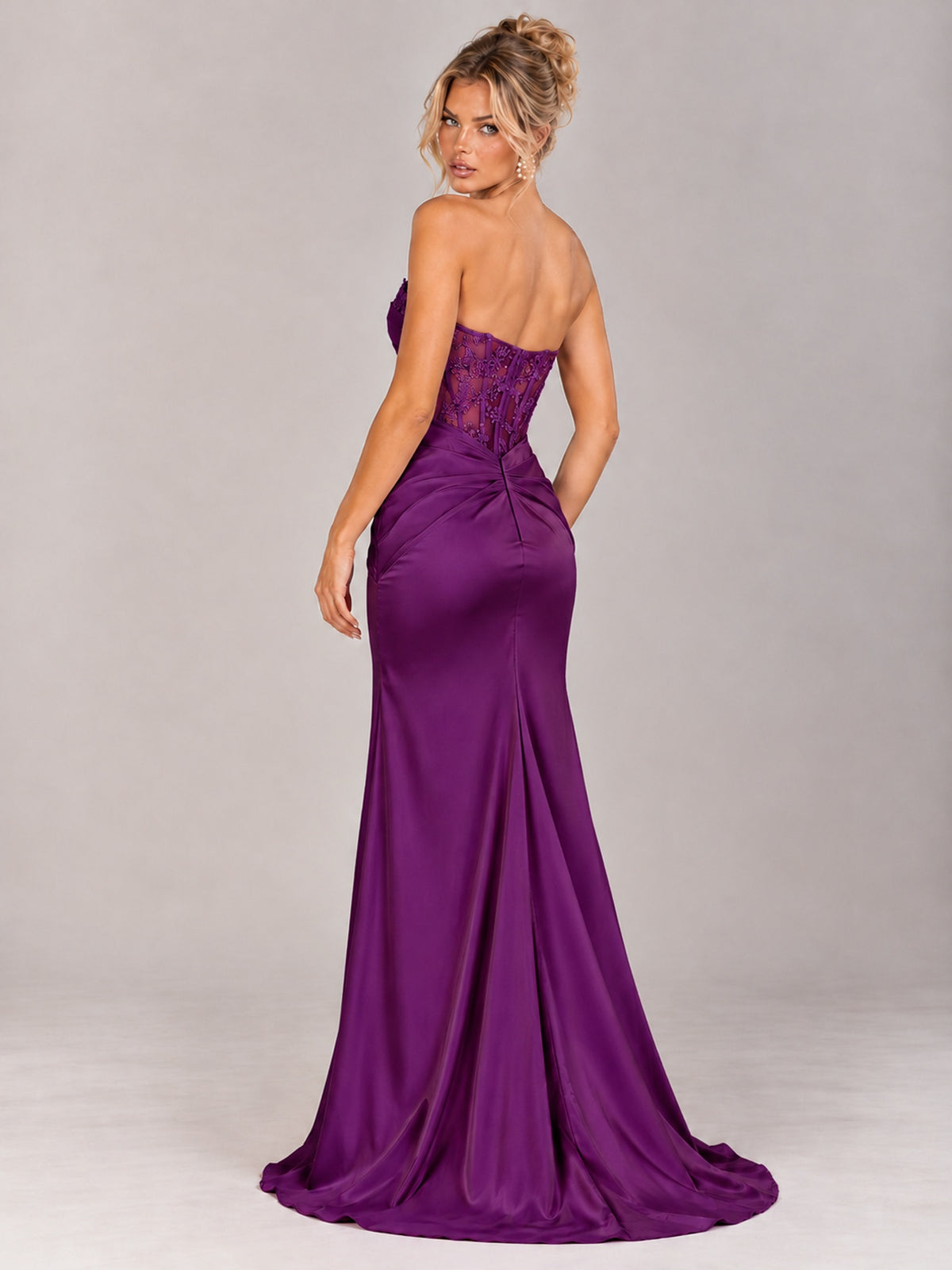 Strapless Satin Prom Dress with Sheer Lace Corset & High Slit