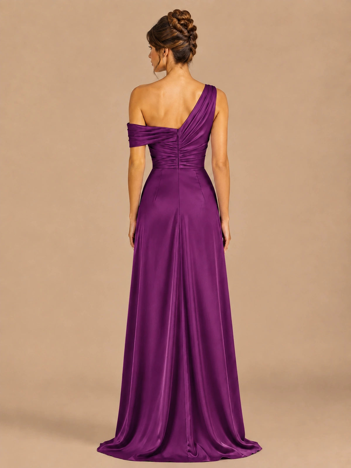 Satin One Shoulder Prom Dress Ruched Long Formal Evening Gown