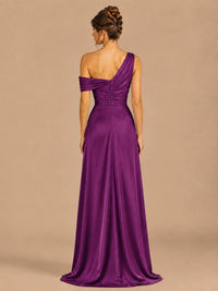 Satin One Shoulder Prom Dress Ruched Long Formal Evening Gown