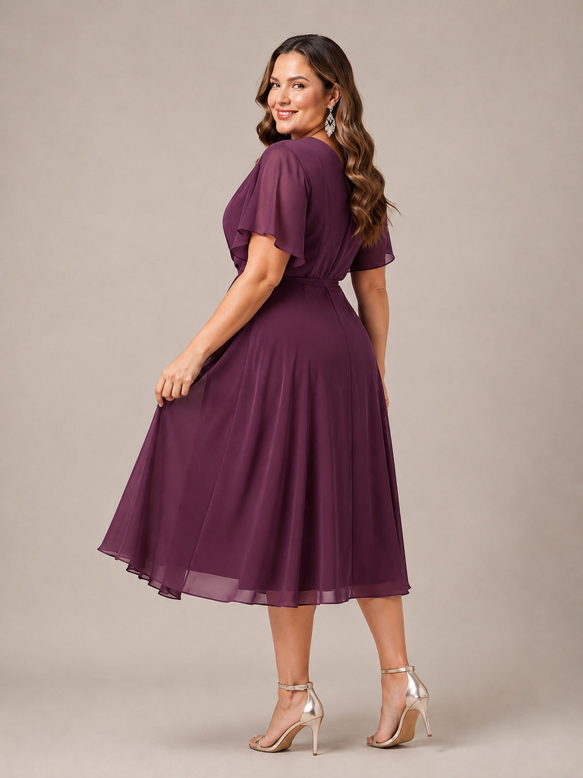 Navy Blue A-Line V-Neck Tea-Length Mother of the Bride Dress