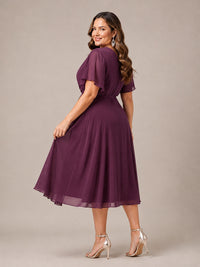 Navy Blue A-Line V-Neck Tea-Length Mother of the Bride Dress