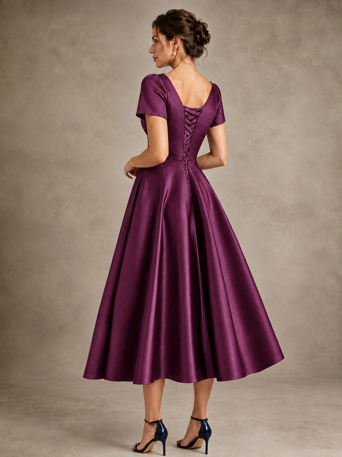 V-Neck Tea-Length Satin Mother of the Bride Dress with Bow