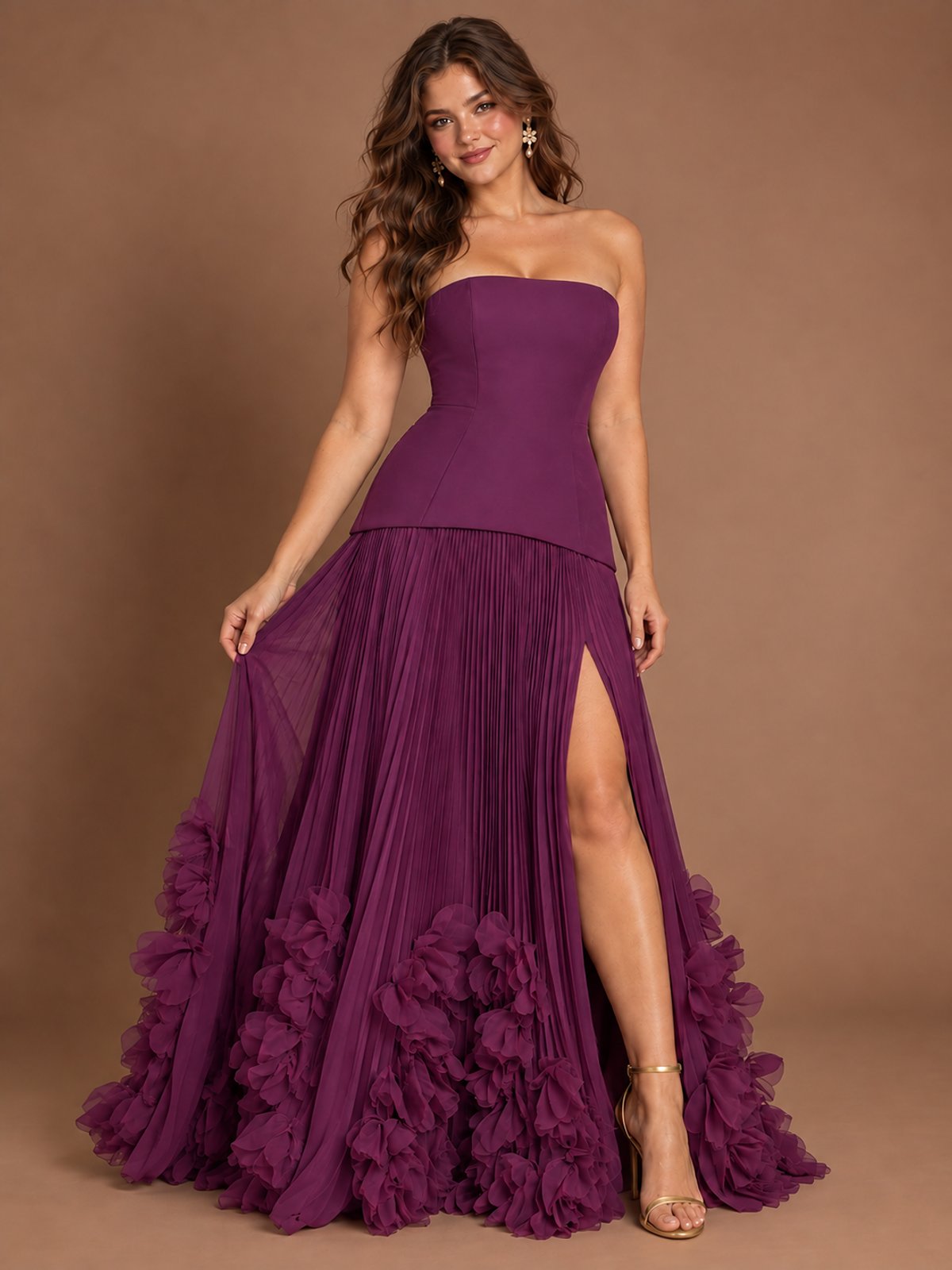 Strapless Pleated Floral Satin Formal Dress with Side Slit