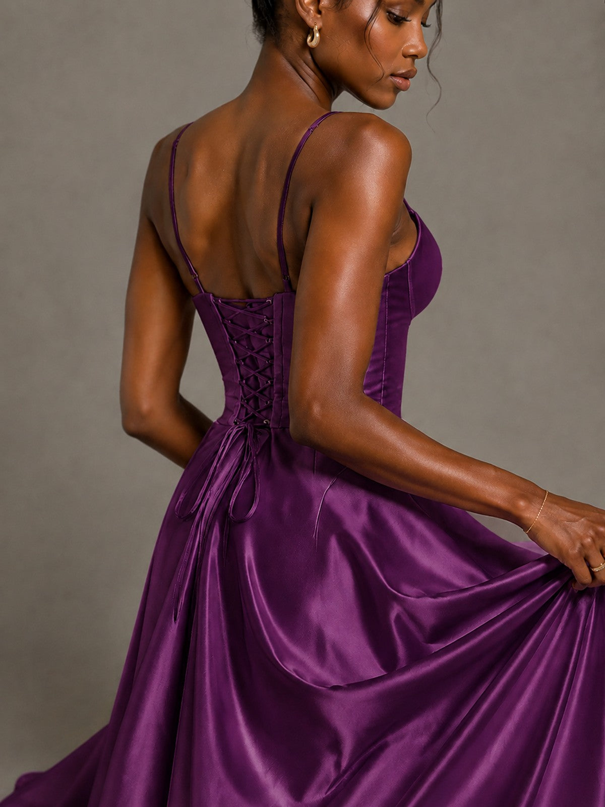 Lavender V Neck Satin Prom Dress with Spaghetti Straps