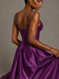 Lavender V Neck Satin Prom Dress with Spaghetti Straps