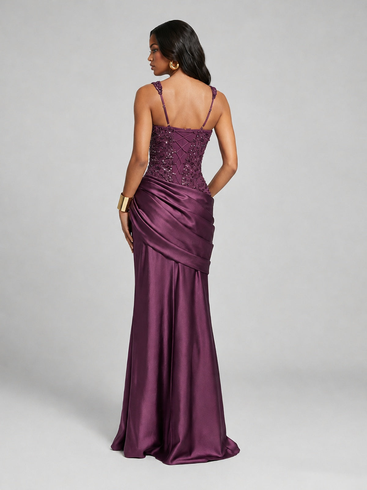 Scoop Neck Sequin Prom Dress with High Slit Satin Formal Gowns