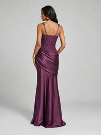 Scoop Neck Sequin Prom Dress with High Slit Satin Formal Gowns