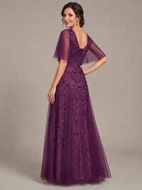 V-Neck Sequin Tulle Mother of the Bride Dress with Flutter Sleeve