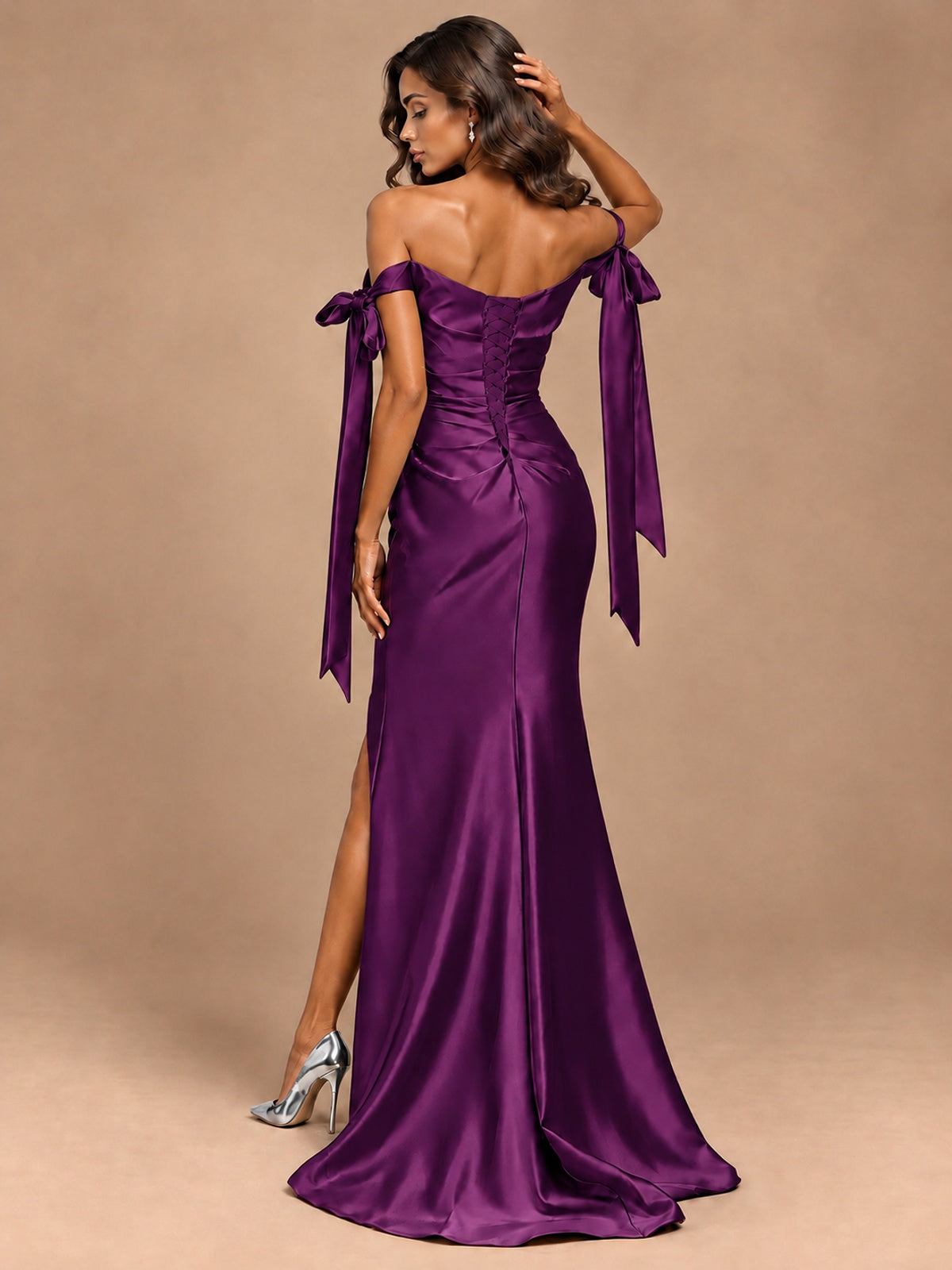 Off The Shuolder Satin Prom Dress Slit Mermaid Formal Gowns