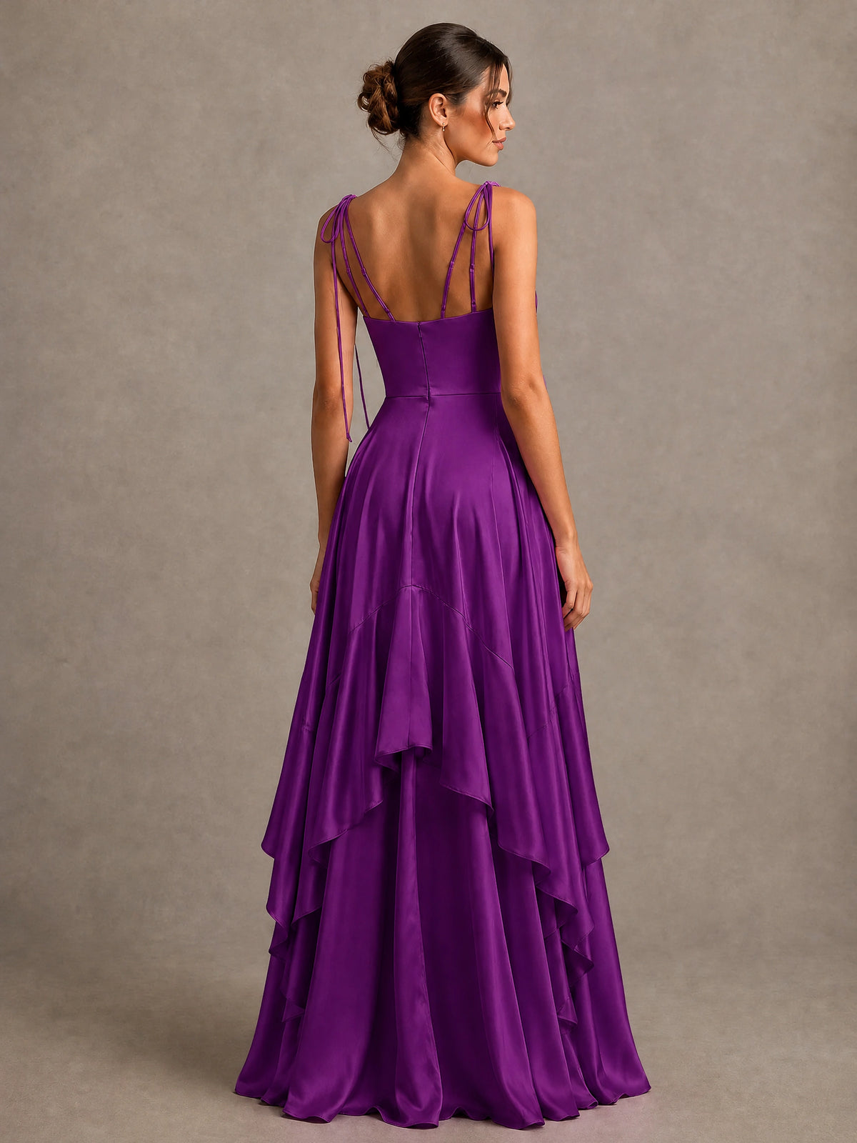 Lavender Satin V-Neck Ruffle Maxi Dress