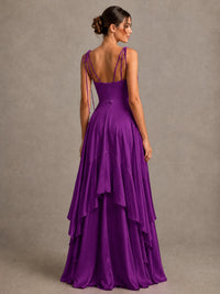 Lavender Satin V-Neck Ruffle Maxi Dress