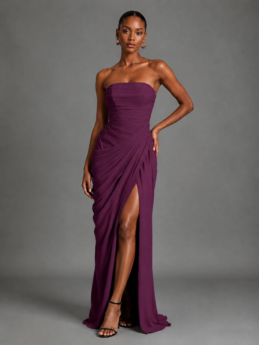 Strapless Bodycon Pleated Chiffon Formal Dress with Slit