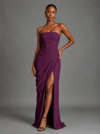 Strapless Bodycon Pleated Chiffon Formal Dress with Slit