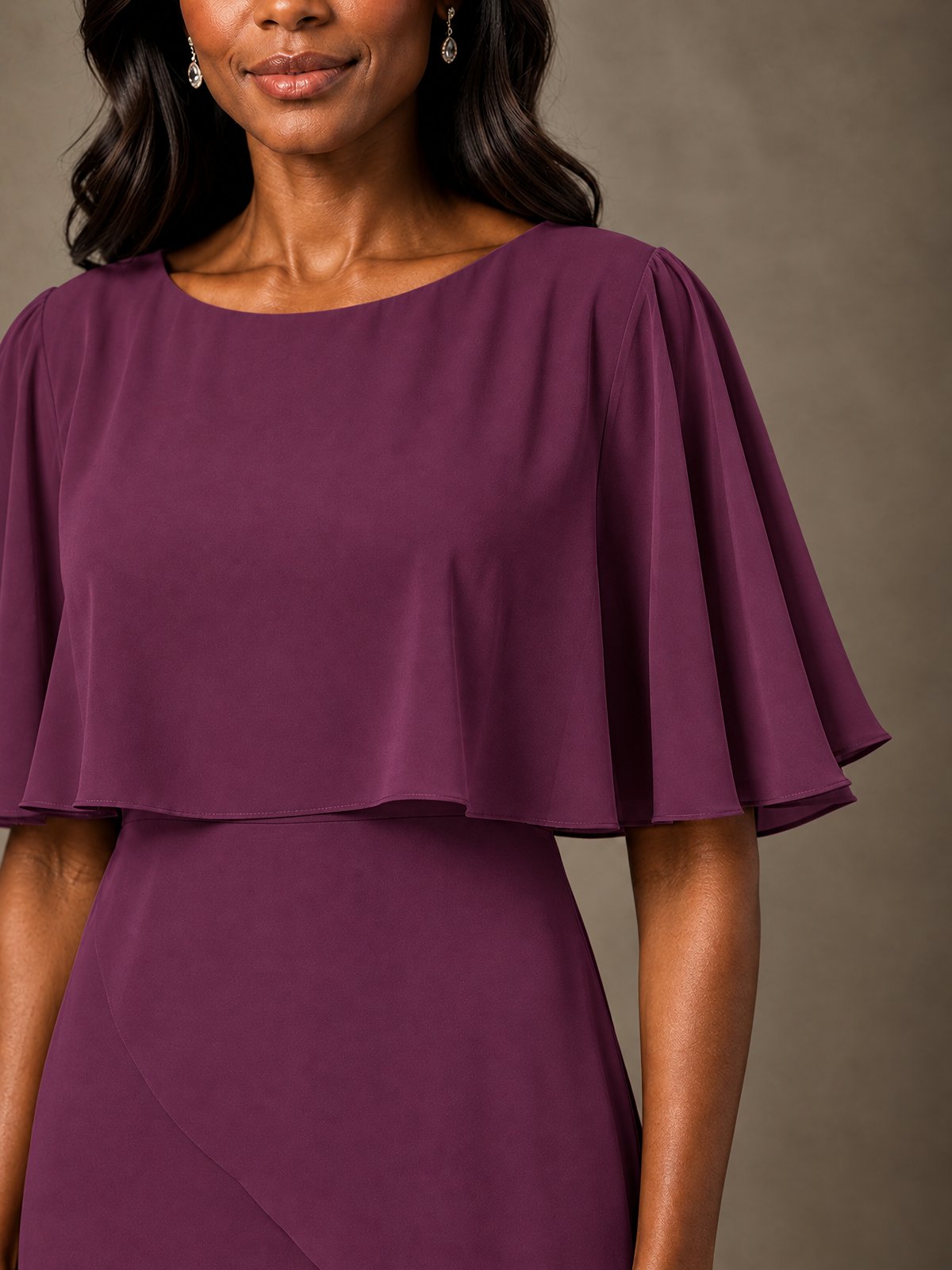 Taupe Chiffon A-Line Mother of the Bride Dress with Cape Sleeves