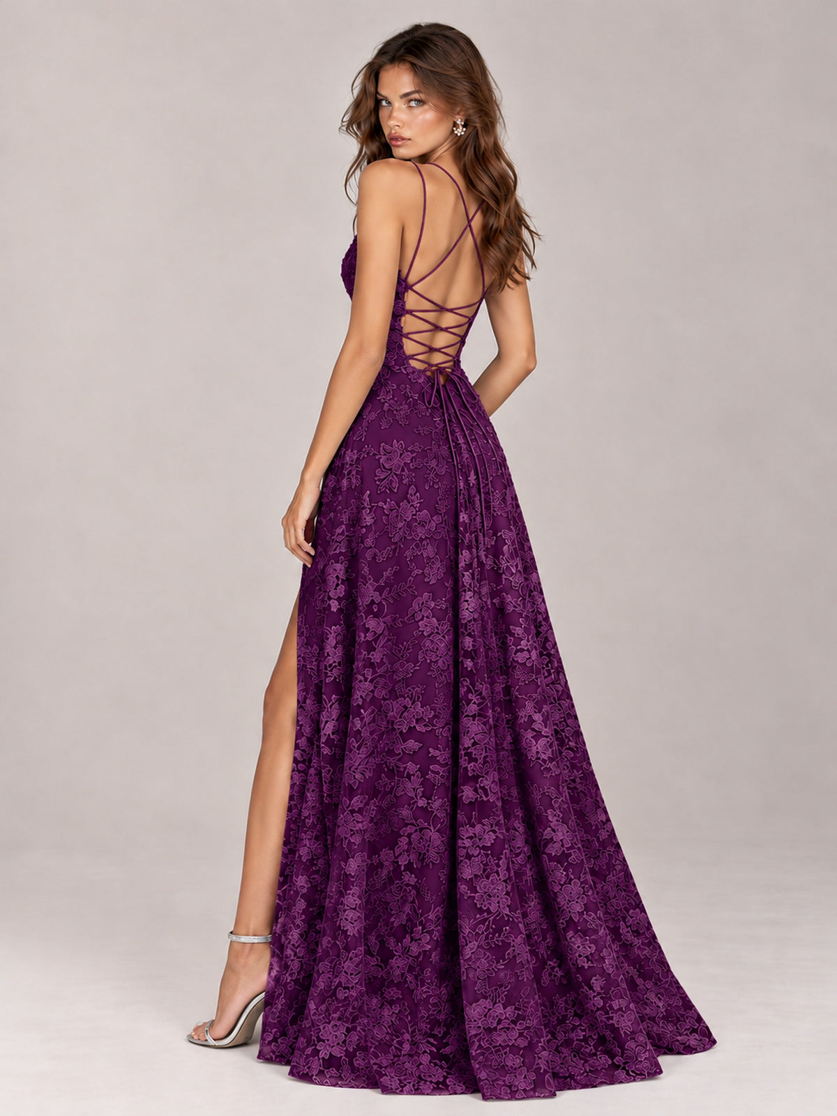 Floral Lace A-Line Prom Dress with Spaghetti Straps & High Slit
