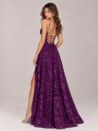 Floral Lace A-Line Prom Dress with Spaghetti Straps & High Slit
