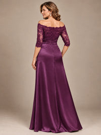 Satin Mother of the Bride Dress with Lace Sleeves Off Shoulder Formal Gown