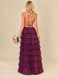 Ruffled Tiered Chiffon Prom Dress Spaghetti Straps Formal Maxi Dress with Slit