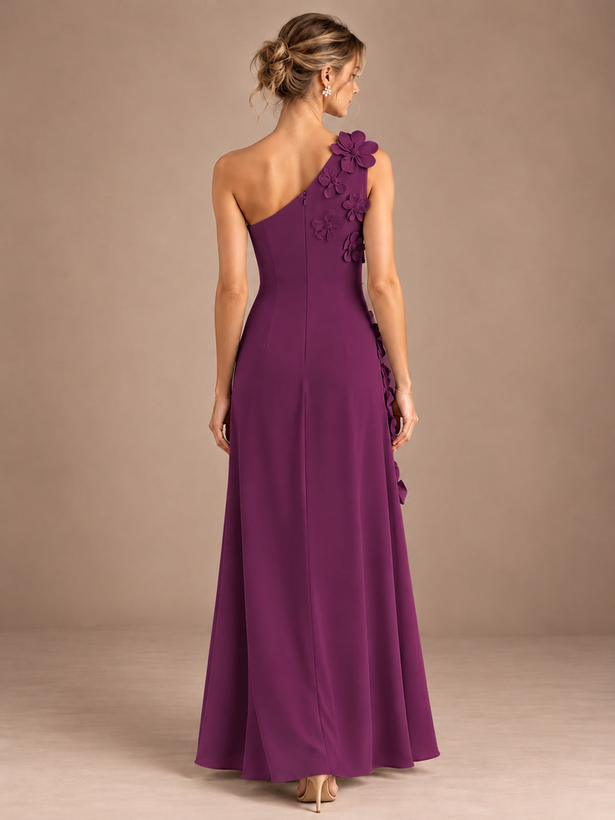 Sage Green One Shoulder Satin Formal Maxi Dress with 3D Floral