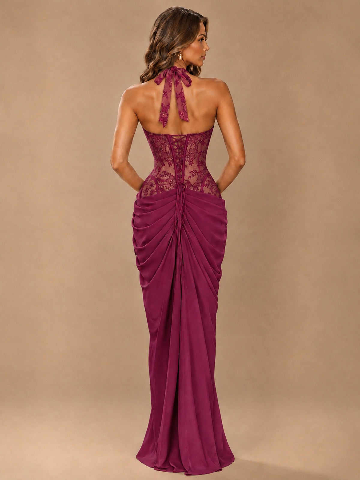 Sweetheart Halter Prom Dress Pleated Lace Floral Formal Dress with Slit