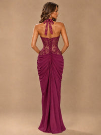 Sweetheart Halter Prom Dress Pleated Lace Floral Formal Dress with Slit