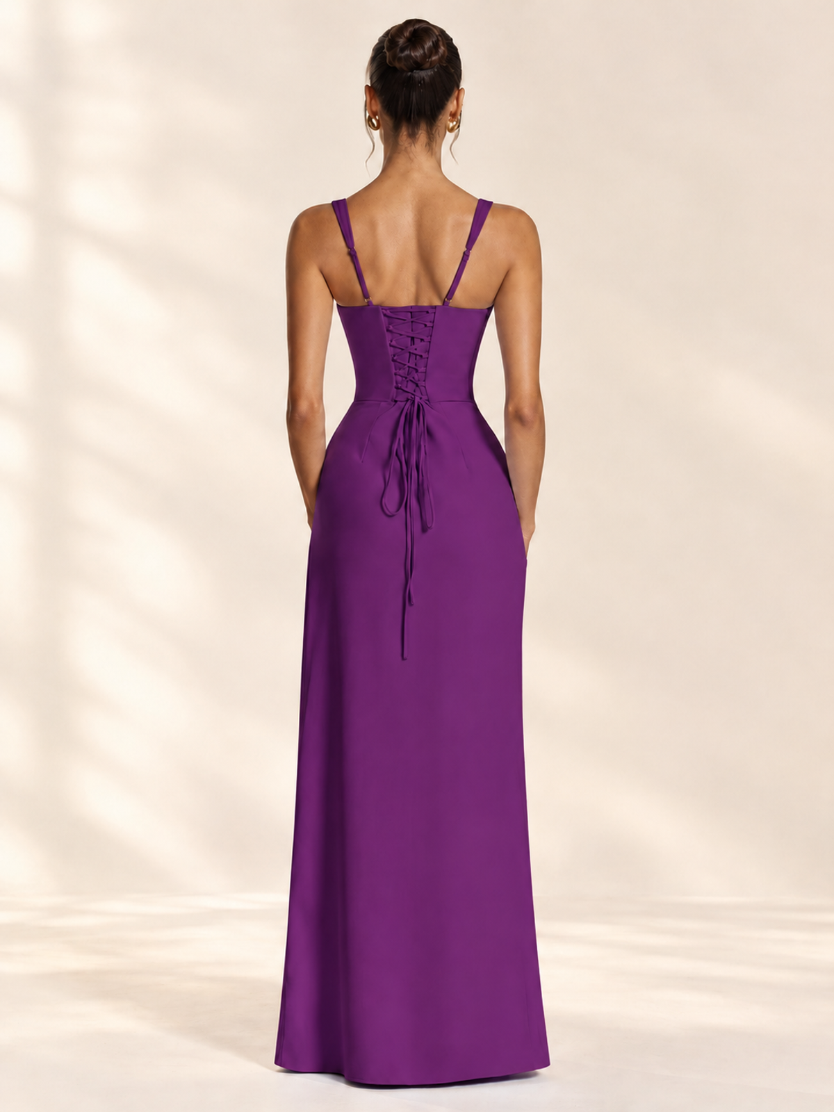 Square Neck Satin Sleeveless Ruched Prom Dress with High Slit