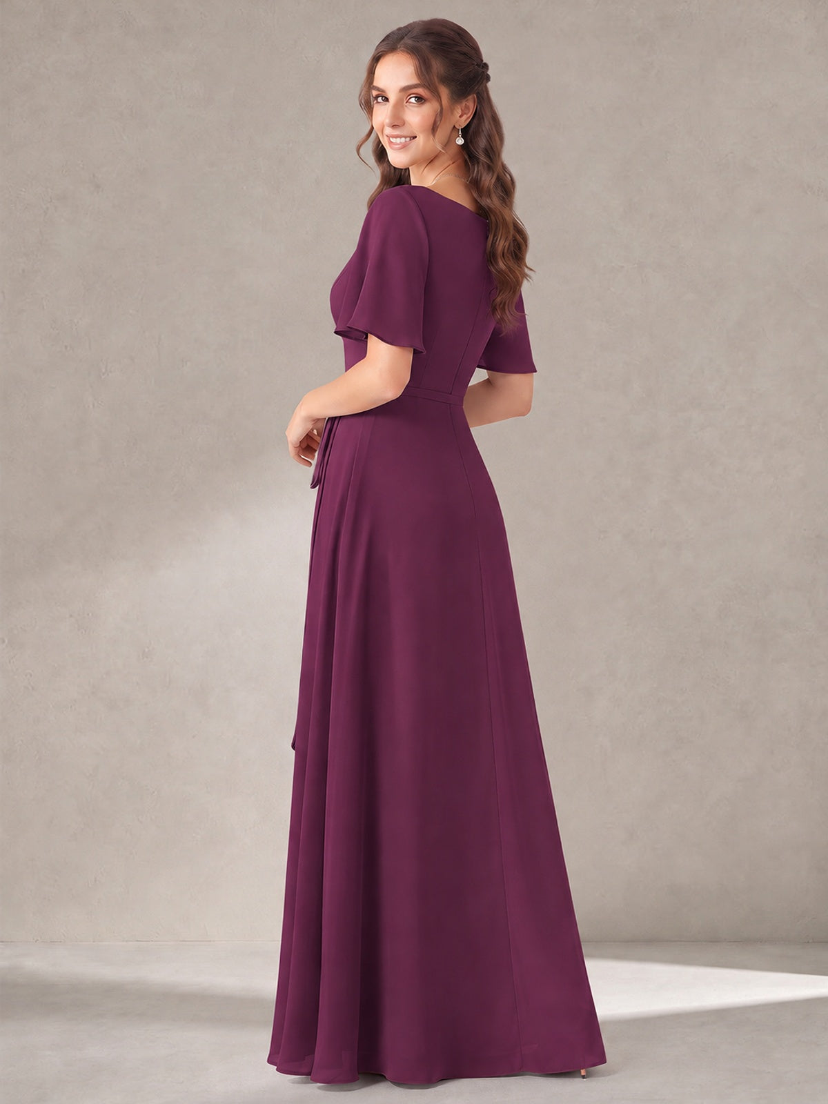 Scoop Neck A-line Chiffon Bridesmaid Dress with Flutter Sleeve & Belt
