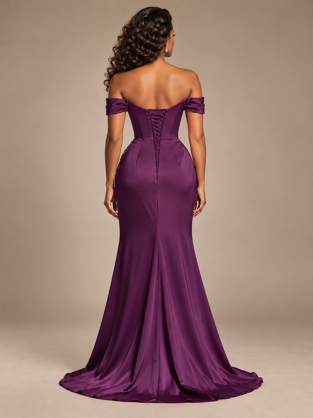 Burgundy Off-the-Shoulder Satin Corset Prom Dress with Slit
