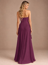 Yellow Strapless A-line Satin Maxi Dress with 3D Floral