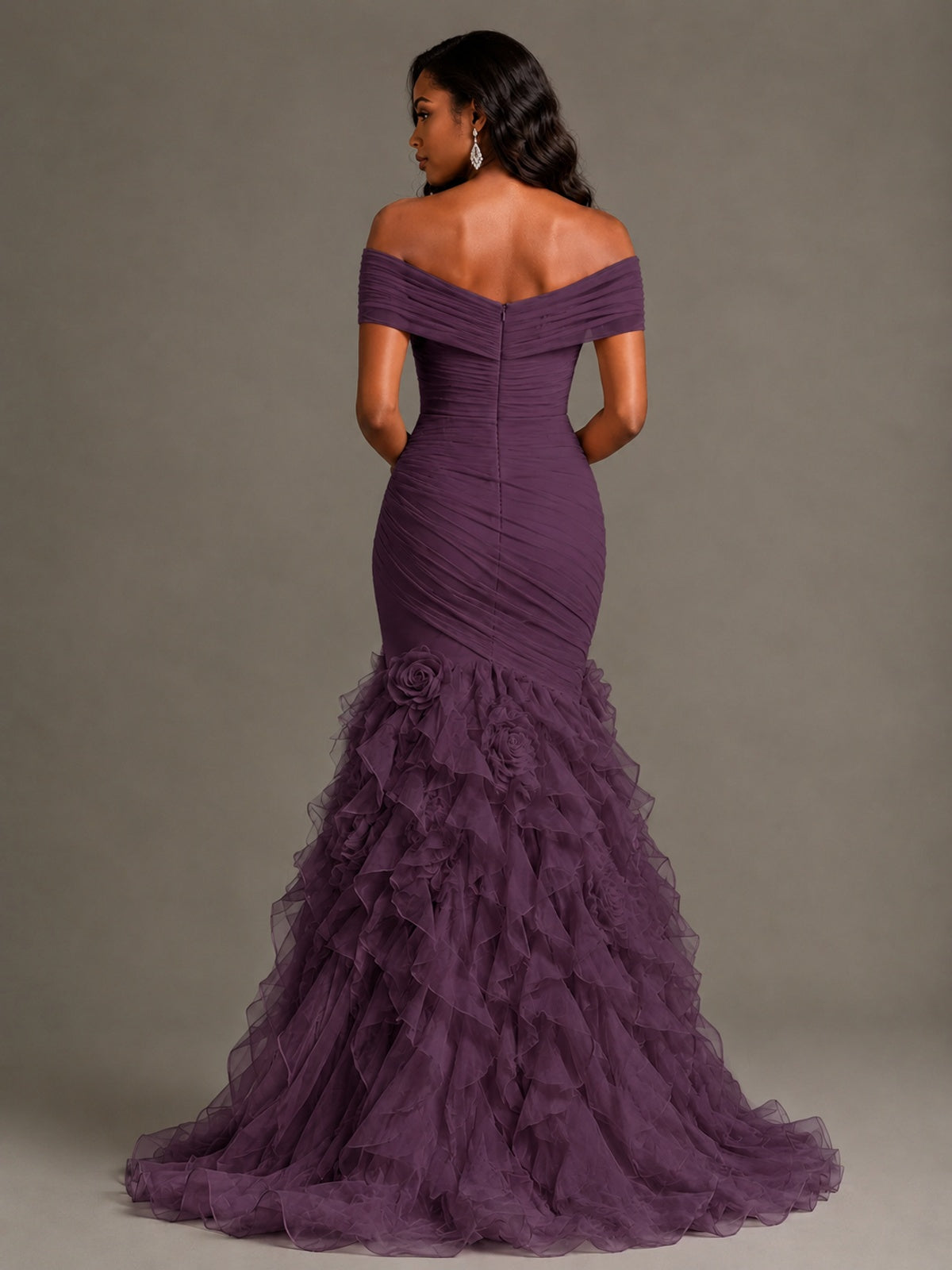 Pink Off-the-Shoulder Mermaid Prom Dress with Ruffles 3D Flowers