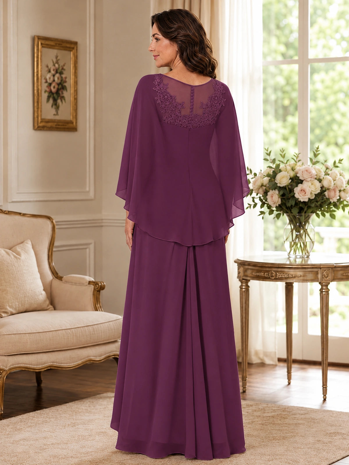 Elegant Chiffon Mother of the Bride Dress with Lace Applique and Cape Sleeves