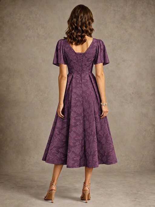 V-Neck Floral Jacquard Tea-Length Mother of the Bride Dress