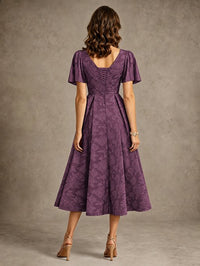 V-Neck Floral Jacquard Tea-Length Mother of the Bride Dress