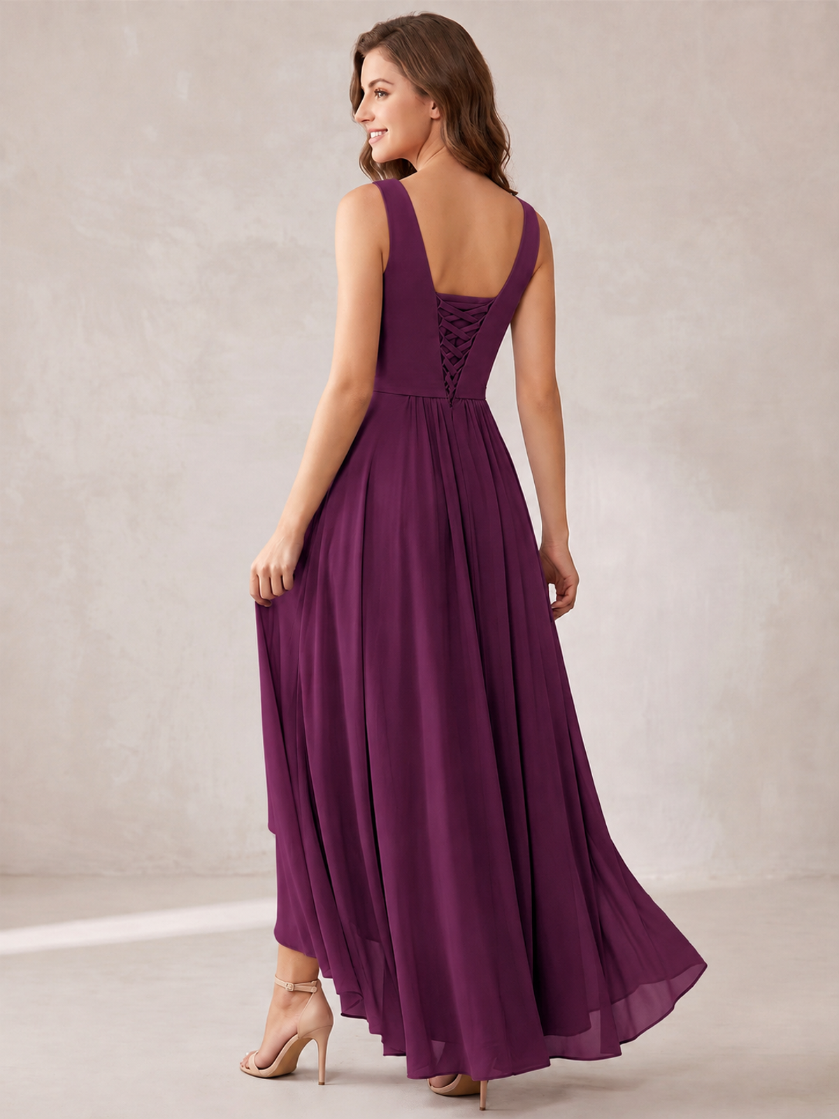 V-Neck High-Low Chiffon Bridesmaid Dress with Ruffles