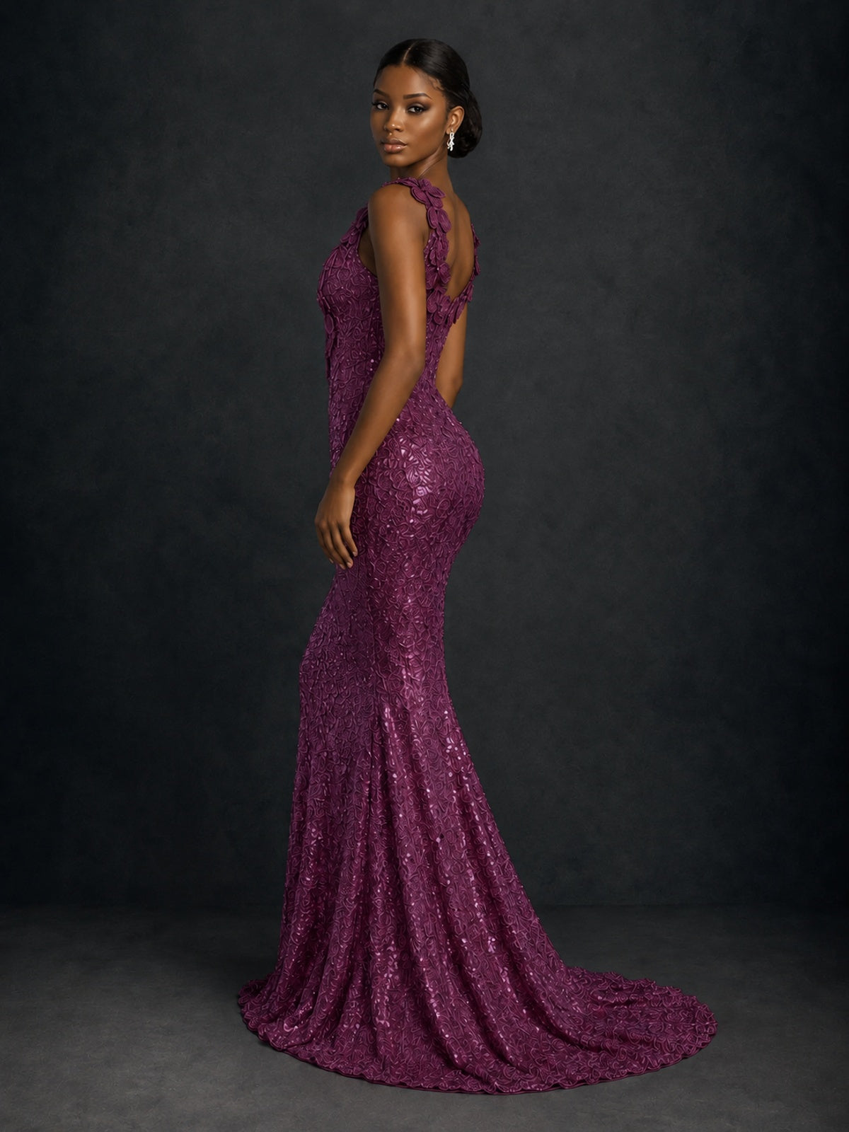 Gold Sequin Floral Applique Mermaid Prom Dress