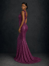 Gold Sequin Floral Applique Mermaid Prom Dress