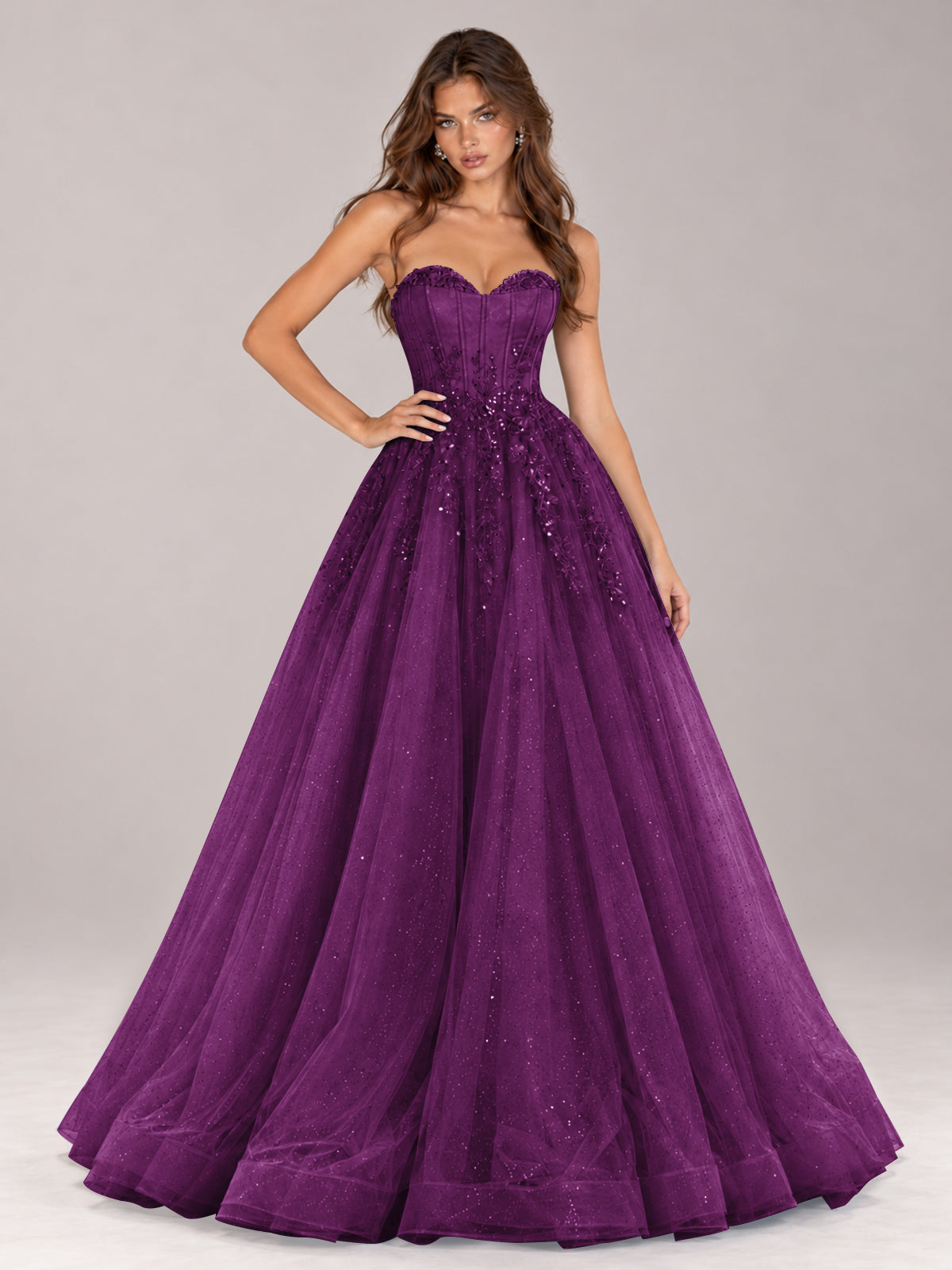 Strapless Sweetheart Beaded Corset Glitter Tulle Ball Gown Prom Dress