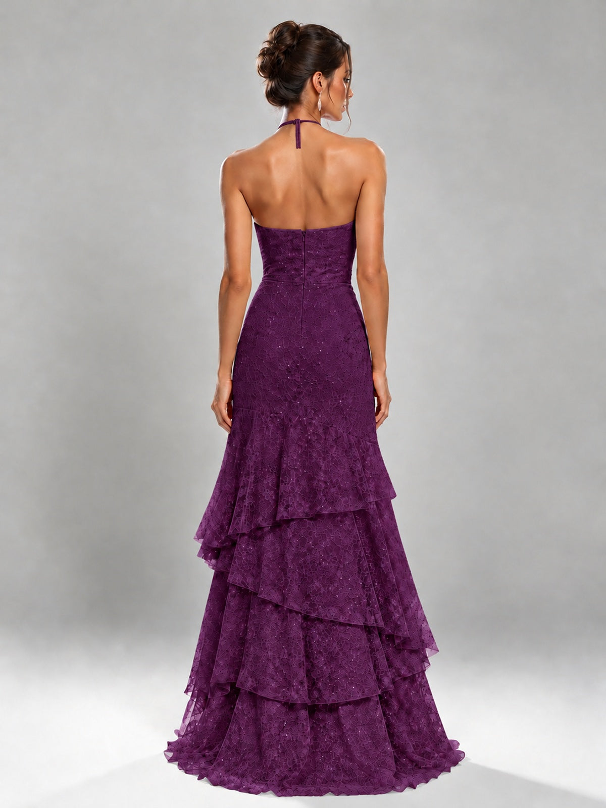 Halter Tiered Mermaid Prom Dress with Sparkly Lace