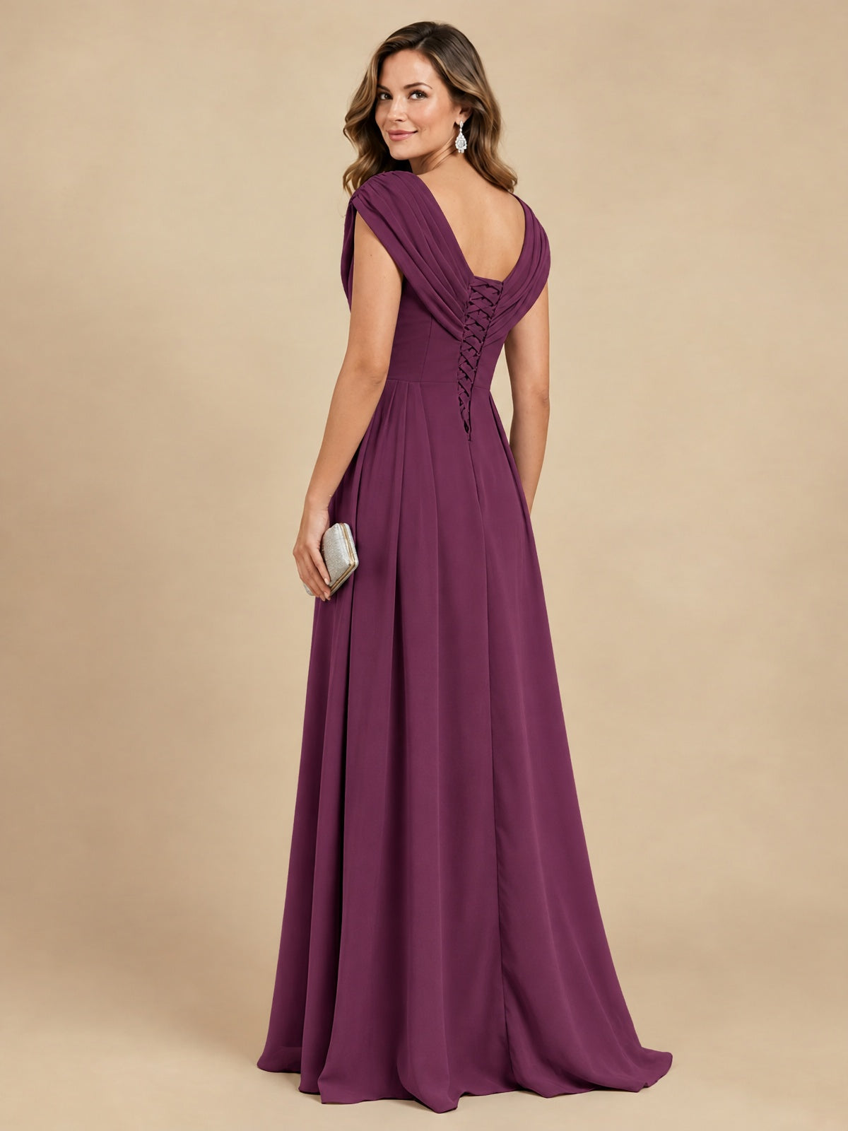 V Neck Pleated Mother of The Bride Dresses with Beading Cap Sleeves